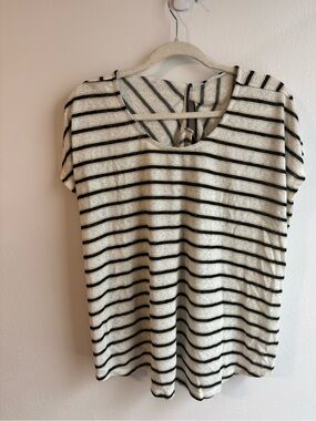 Bobeau- Striped Short-Sleeve Knit Top - Black, Gold & Cream. 2X